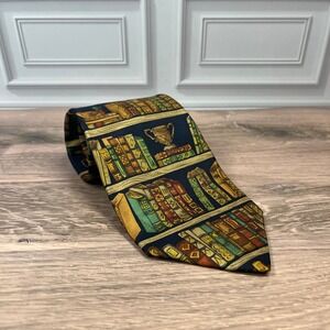 Alynn Neckwear Tie Mens Navy Blue Silk Bookshelf Library Barnes & Noble Novelty